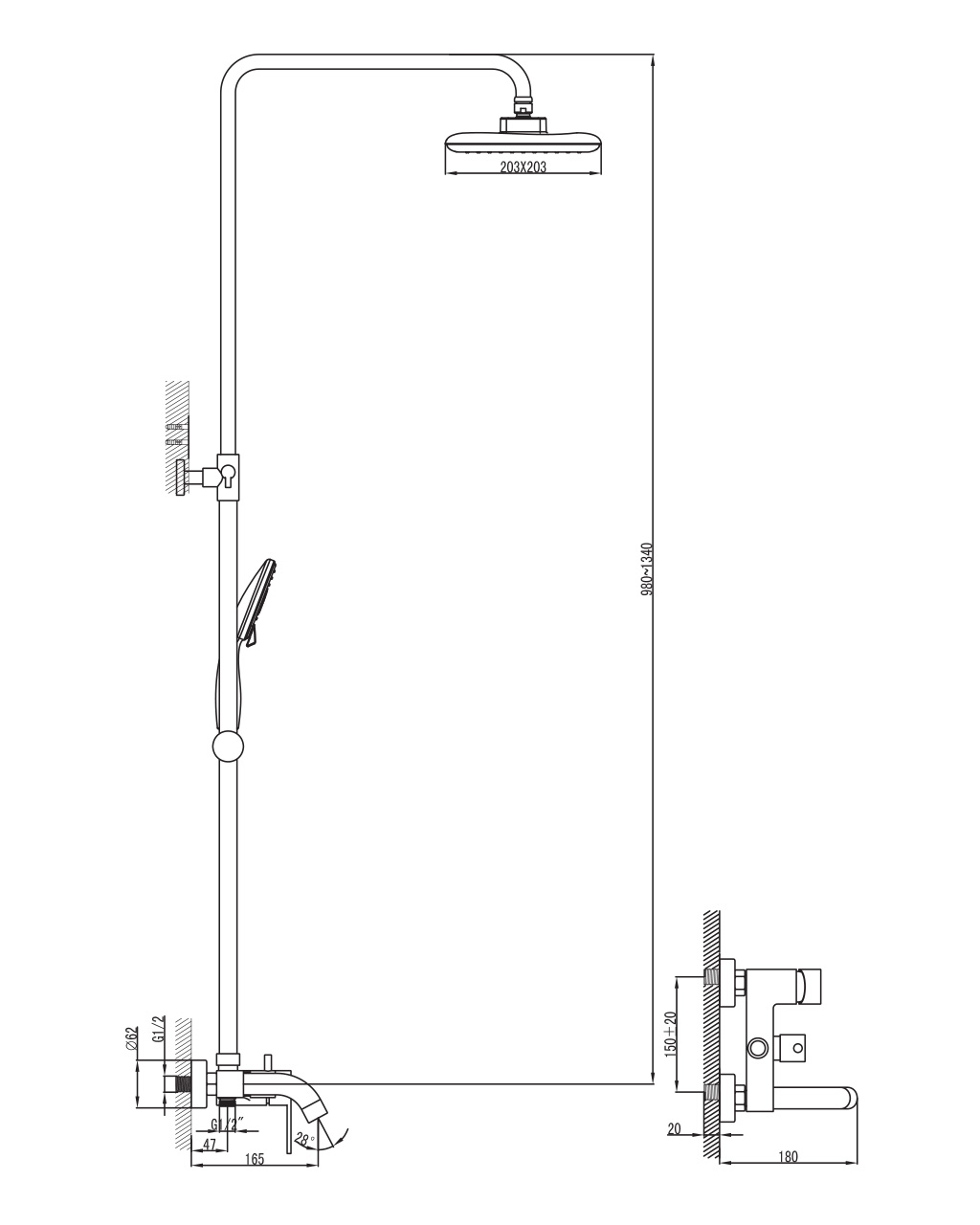 BILA DESNE система душевая (смеситель для ванны, верхний и ручной душ 3 режима, шланг 1,5м) T-10155 IMPRESE